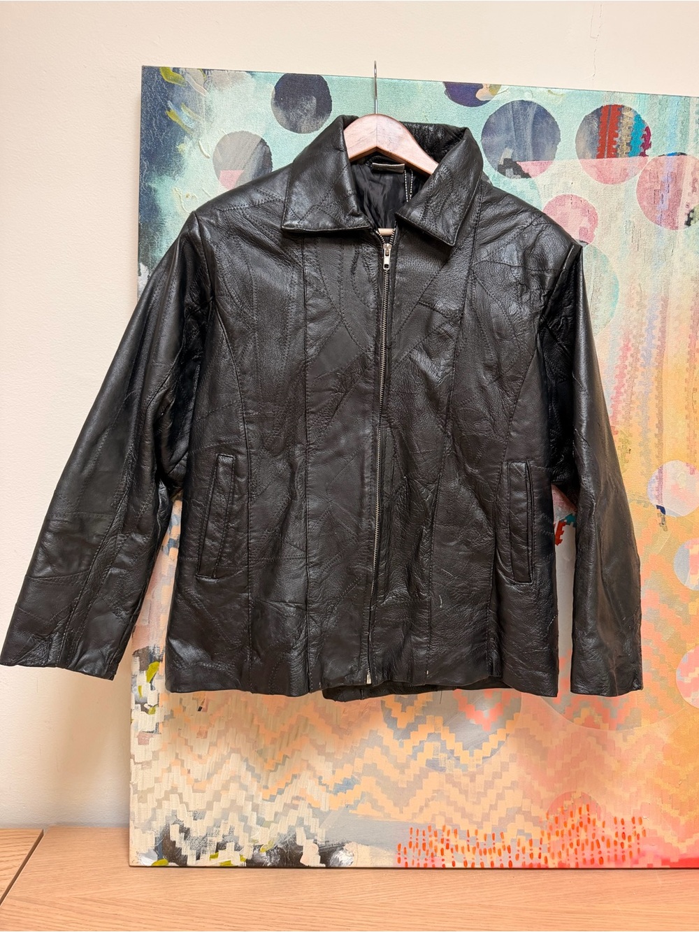 FLIGHT PATH Patchwork Leather Bomber Motorcycle Jacket Mens Size S Black - Picture 4 of 13
